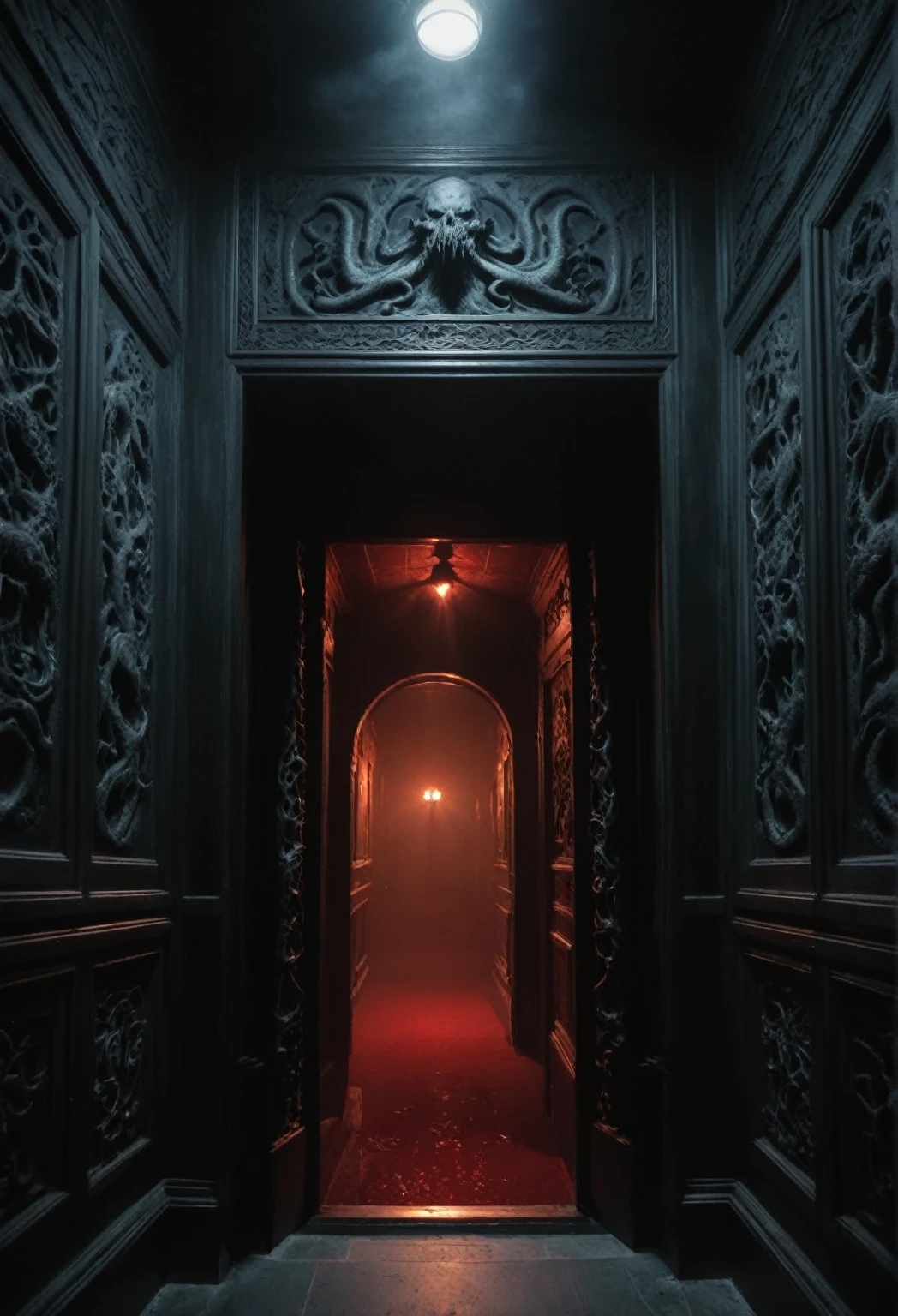 cthulhu chamber, creepy, masterpiece, best quality, hyper detailed, ultra detailed, UHD, perfect anatomy, portrait, dof, hyper-realism, majestic, awesome, inspiring, sinister Dark, cinematic, deep blacks, Perfect Hands, cinematic composition, soft shadows, national geographic style, creepy, ominous, wide shot, long shot, far away, dynamic pose,