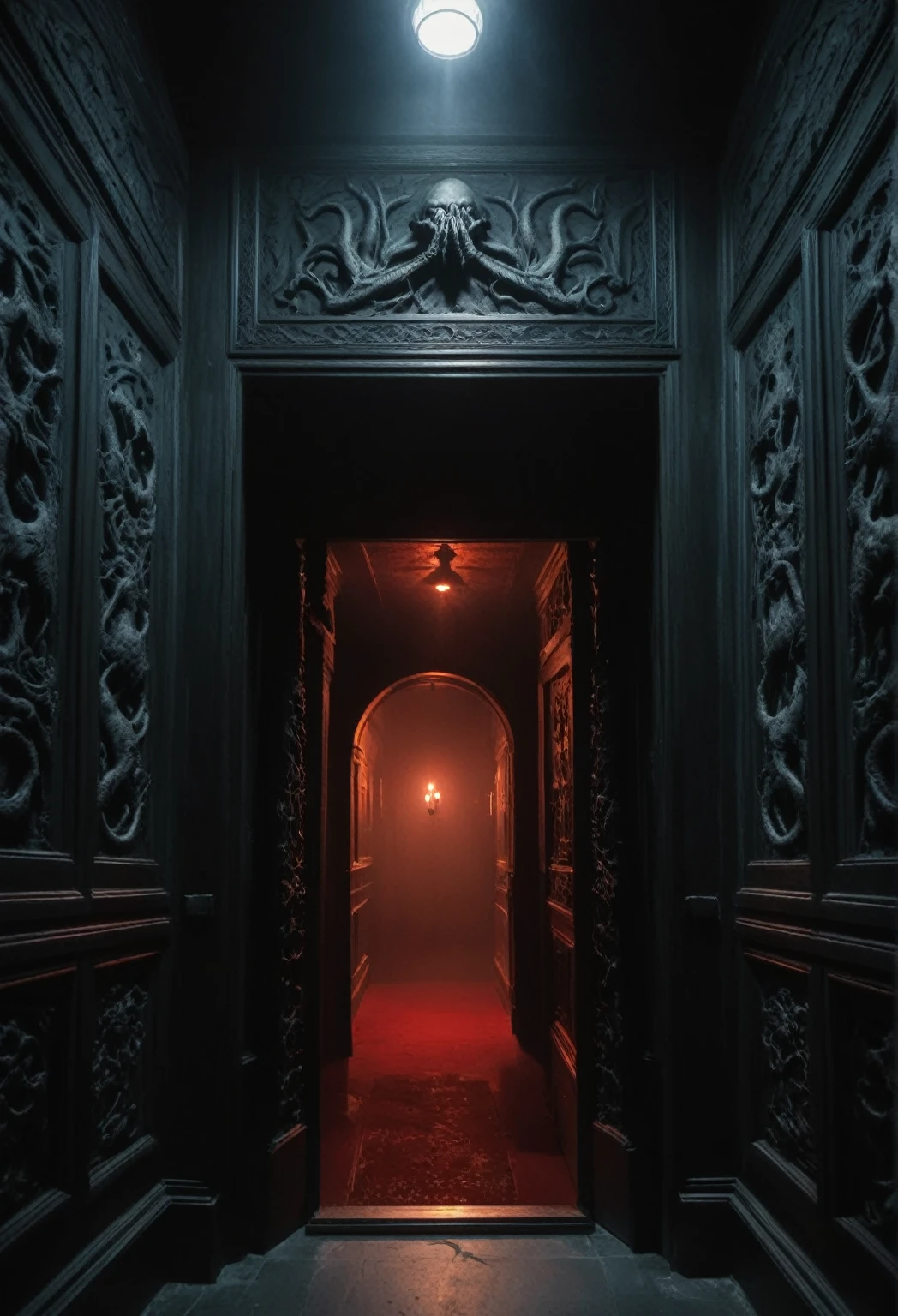 cthulhu chamber, creepy, masterpiece, best quality, hyper detailed, ultra detailed, UHD, perfect anatomy, portrait, dof, hyper-realism, majestic, awesome, inspiring, sinister Dark, cinematic, deep blacks, Perfect Hands, cinematic composition, soft shadows, national geographic style, creepy, ominous, wide shot, long shot, far away, dynamic pose,