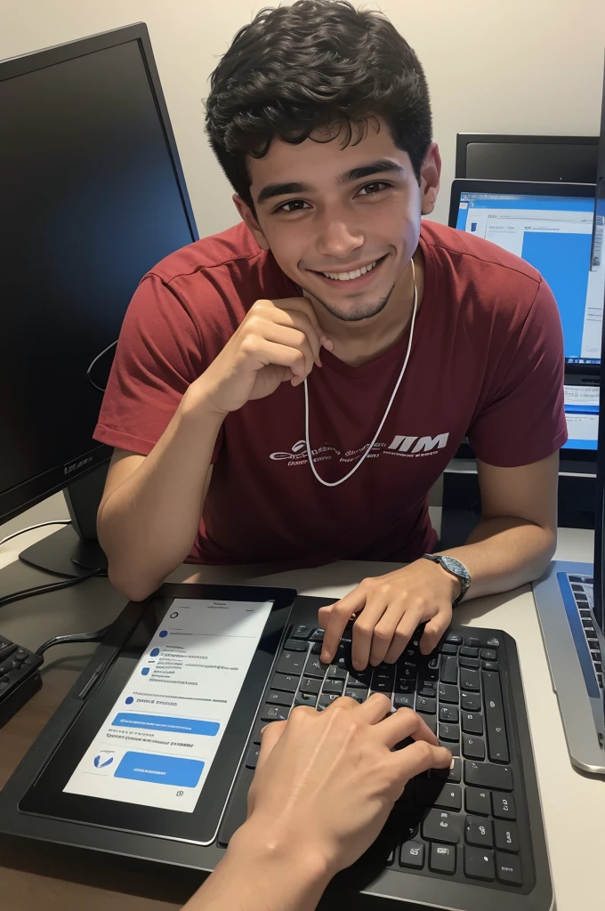 Um rapaz de 20 anos ,moreno sorrindo, taking a computer course 