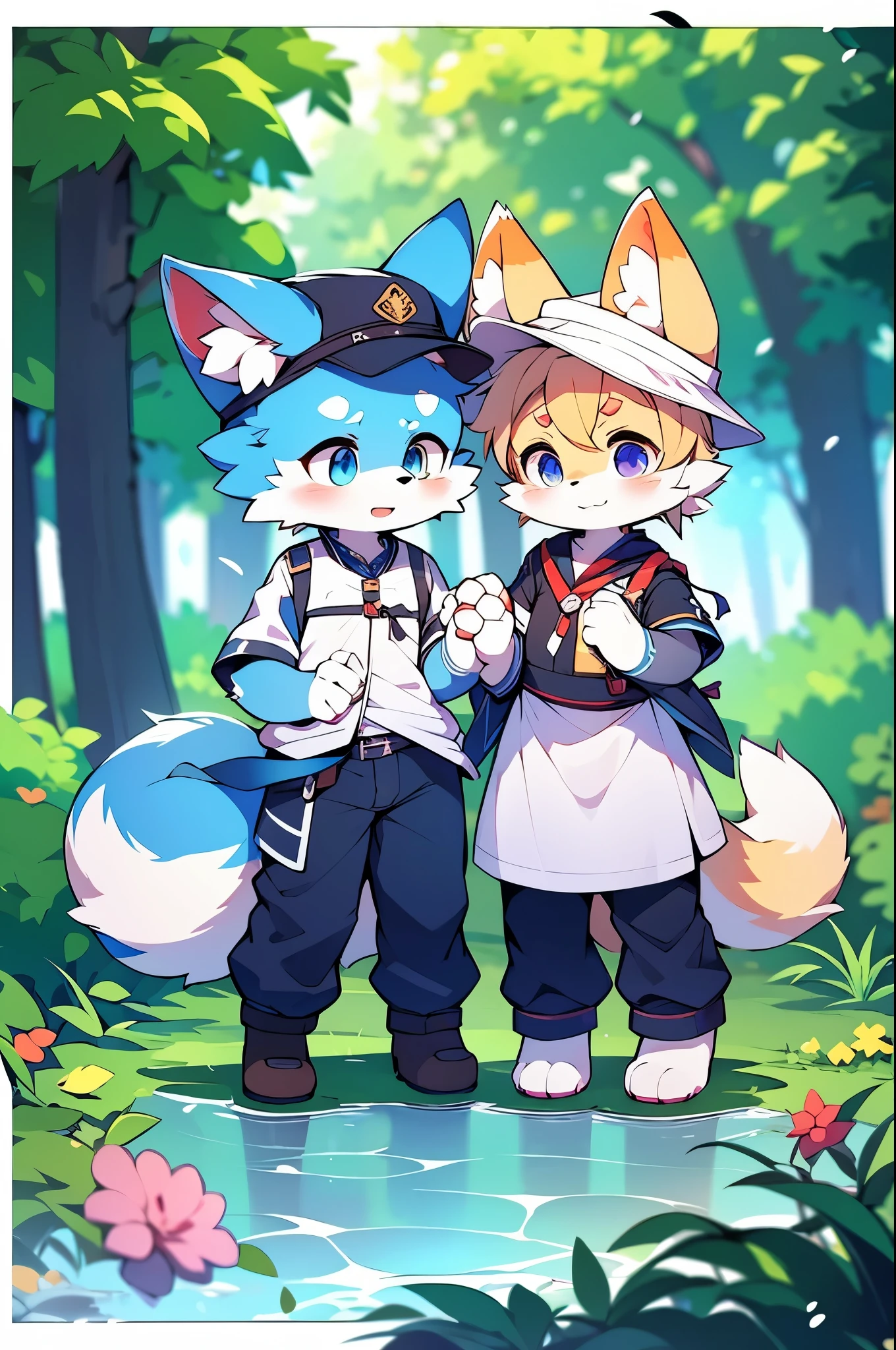 Blue fur, Canine, fox motif, Couple of girls and boys, uniform、Holding hands,