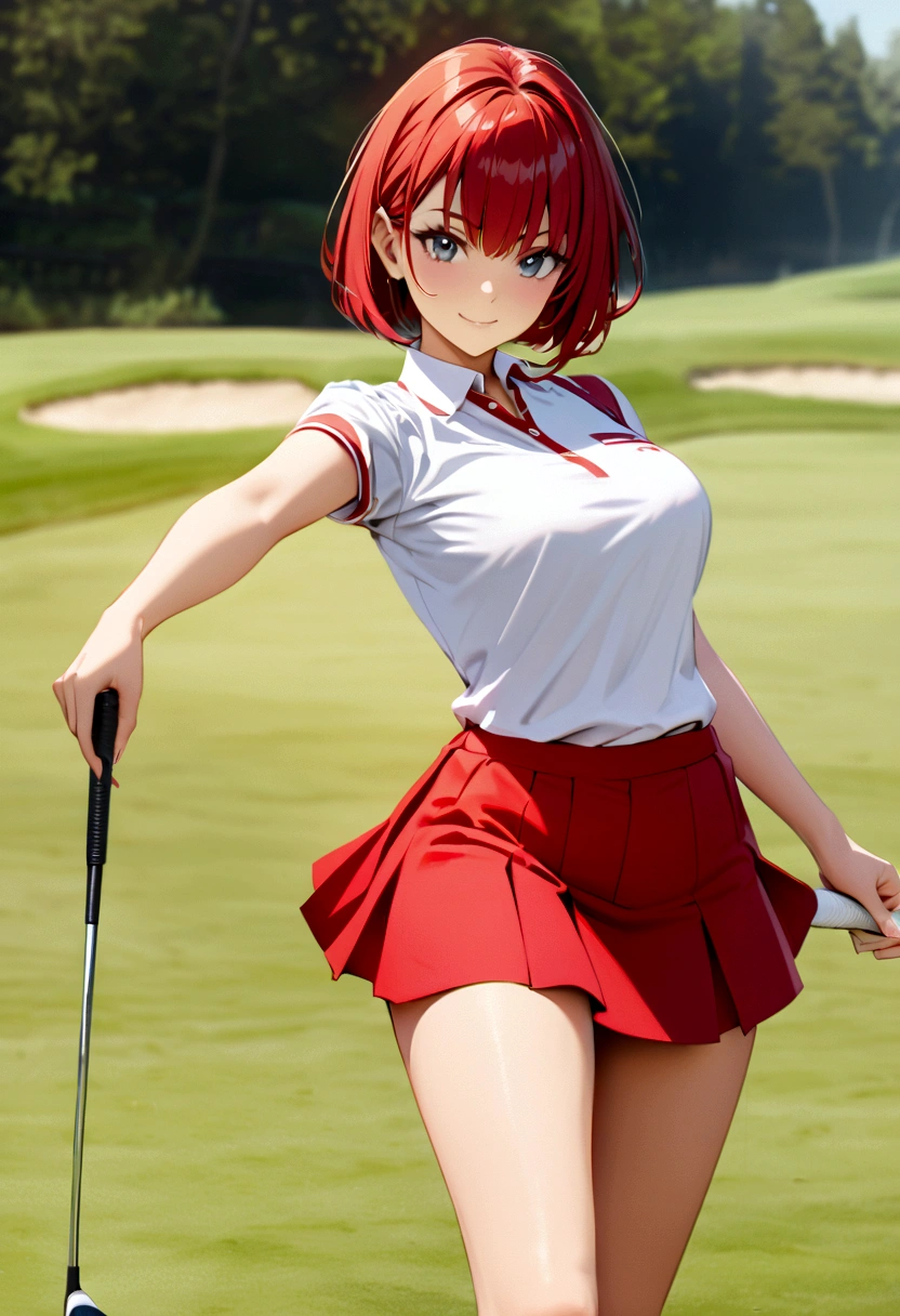 sound high resolution 8k beauty Woman playing golf Golf course Beautiful woman Bobcut Red hair Golf Wear mini skirt smile looking at the camera nice shot No sleeve