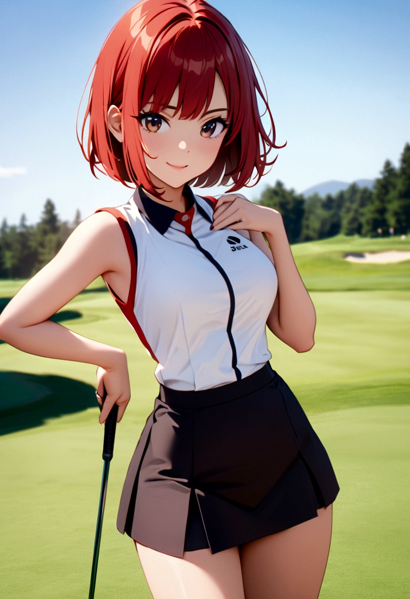 sound　high resolution　8k beauty　Woman playing golf　Golf course　Beautiful woman　Bobcut　Red hair　　Golf Wear　mini skirt　smile　　looking at the camera　nice shot　No sleeve