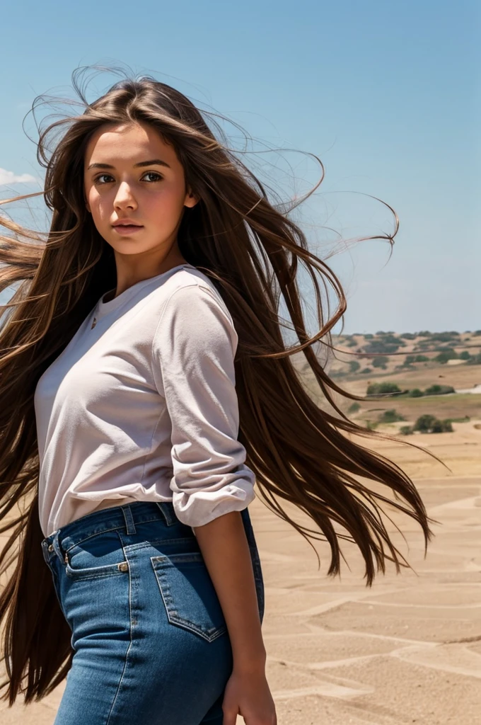 a girl with her long brown hair blowing in the wind being held by a human giant