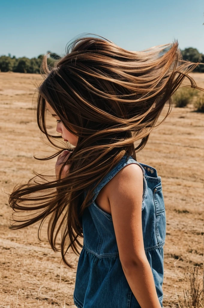 a girl with her long brown hair blowing in the wind being held by a human giant