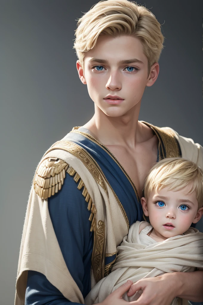 Photorealistic cameron crovetti, 10 year old, ancient greece clothing, neutral background, blue eyes, blonde, short hair, boy, son of Zeus, baby eagle on the shoulder