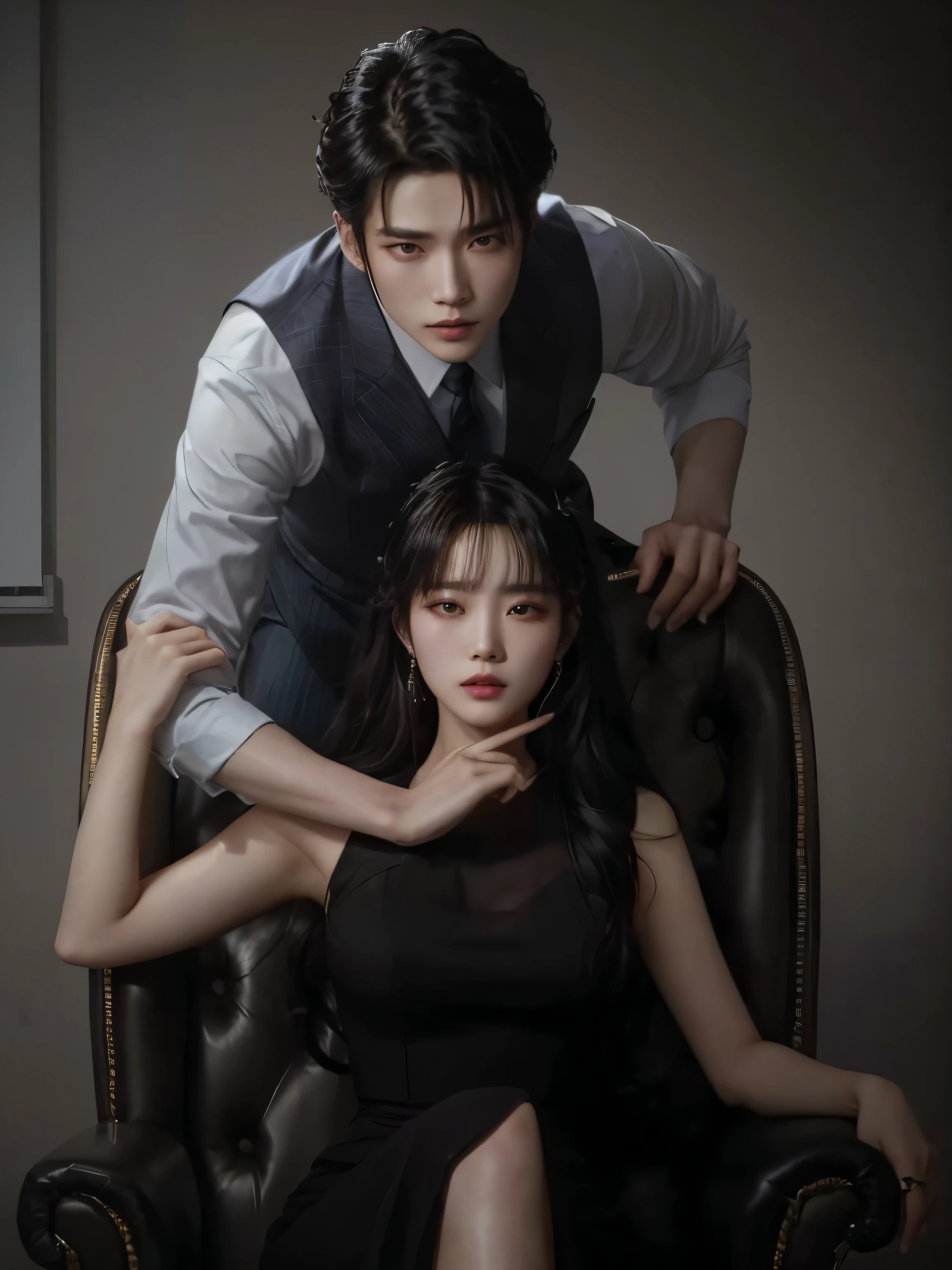 There is a man and a woman sitting in a chair together, por Ni Yuanlu, drama, alta dramaticidade, por Yang J, 8K)), sakimichan, Yanjun Chengt, 🤬 🤮 💕 🎀, jia, photoshoot, Cai Xukun, “sensual, Taoshi, suave em _ o fundo, por Ni Tian