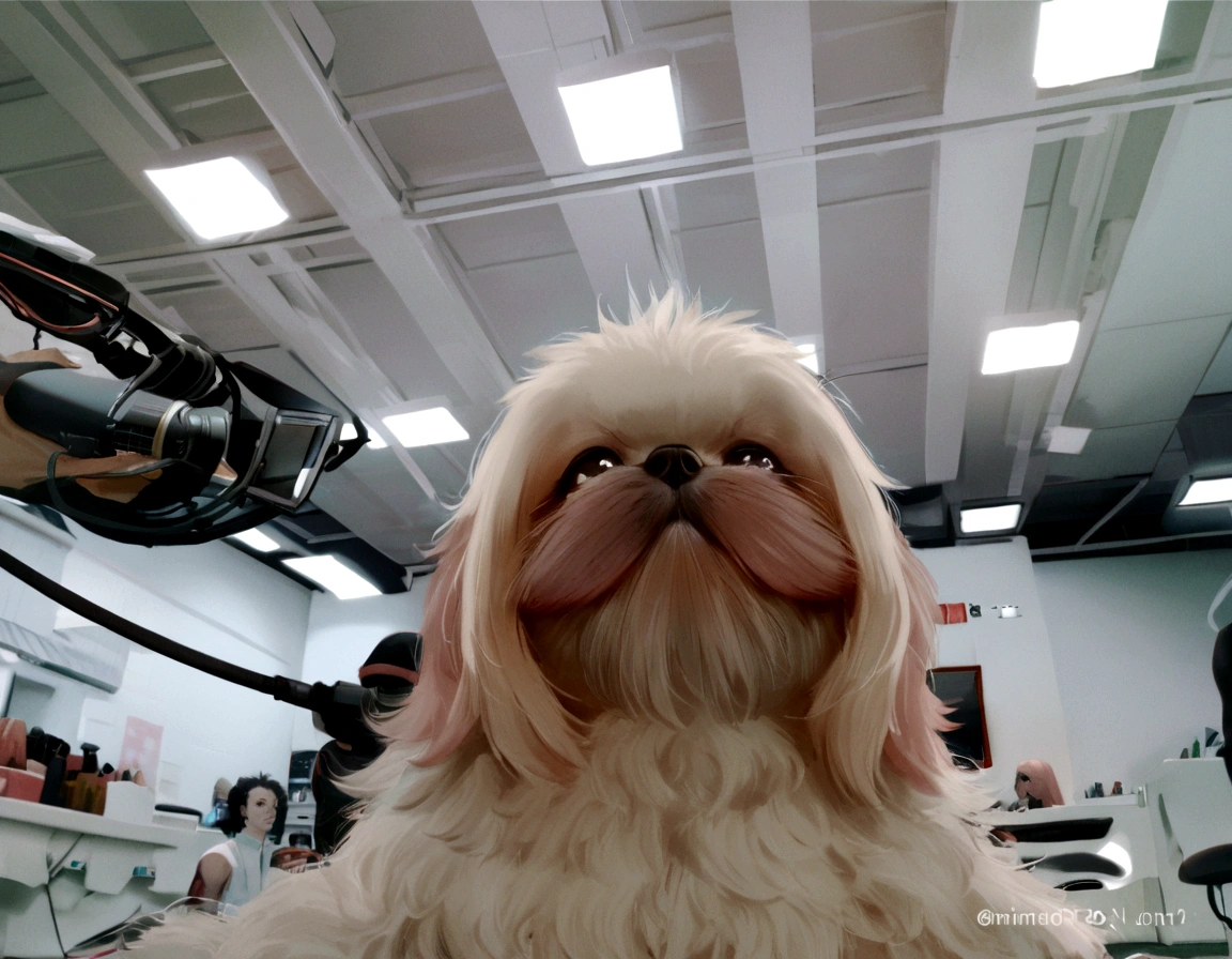 Araffe dog sitting in a hair salon with a man in the background., Shih Tzu, cara esponjosa, mirando directamente to the camera, looking away from the camera, mirando directamente, looking away from the camera, mirando directamente into the camera, luciendo genial y elegante, looking directly at the camera, bonita cara, looking to the side off camera