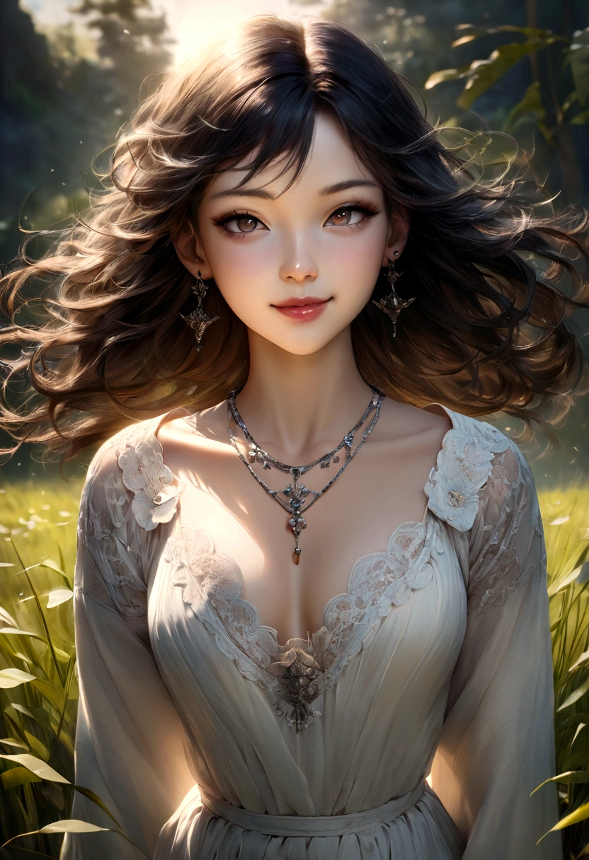 highest quality, figure, White thighs, Beautiful hands on hips, Smile Very detailed, Fine details, High resolution, 8k wallpaper, Perfect dynamic composition, Beautiful and delicate eyes, Natural lip shape,
(masterpiece, highest quality:1.2), (8K Ultra HD, 16k, 32k, 超High resolution), (Realistic:1.37), (RAW Photos), Ultimately realistic, Ultimately realistic, Ultimately realistic texture, Ultimate in exquisite detail, Ultimately realistic, Ultimately realistic, Japanese Girls, 24-years-old, Extremely cute face, Ultimate Eye, In a field of tall grass and flowers、Woman standing in gothic style smiling. She has been a long time, With wavy black hair blowing in the wind、Light makeup with a little dark lipstick. She accessorized with dangling earrings and layered silver necklaces.. This scene is soft, Blurry back