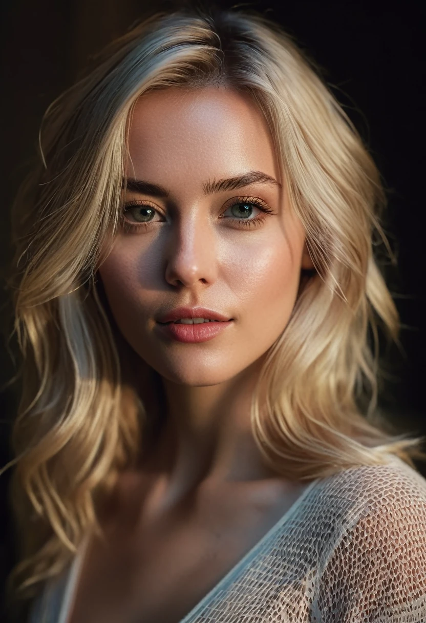 Realistic photo of a beautiful blonde woman in soft lighting, fotografia profissional, Photorealista, detalhado, CRU, analog, sharp focus, 8K, High definition, DSLR, alta qualidade, Fujifilm XT3, film grain, premiado, Obra de arte