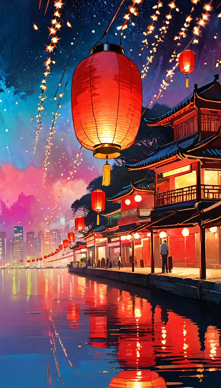 (((Best quality))), (((Ultra detailed))), ((((vivid)))), (((beautiful detailed sky, hongkong))),hongkong night, dark sky, stars, shooting stars, lantern, lantern poles, ((((fireflies, particles)))), (red light), lake, landscape, (art inspired by Bill Sienkiewicz) oil painting, details of brush strokes that enhance depth)