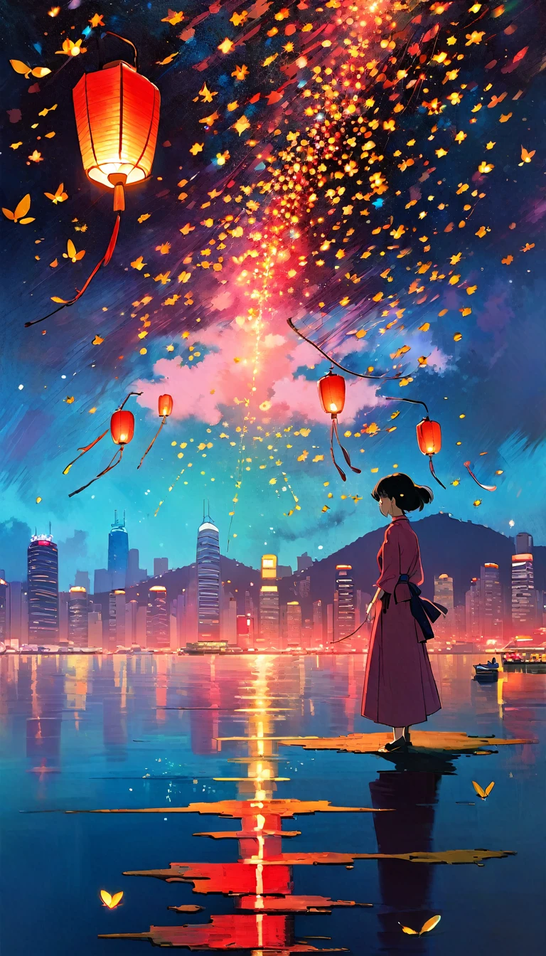 (((Best quality))), (((Ultra detailed))), ((((vivid)))), (((beautiful detailed sky, hongkong))),hongkong night, dark sky, stars, shooting stars, lantern, lantern poles, ((((fireflies, particles)))), (red light), lake, landscape, (art inspired by Bill Sienkiewicz) oil painting, details of brush strokes that enhance depth)
