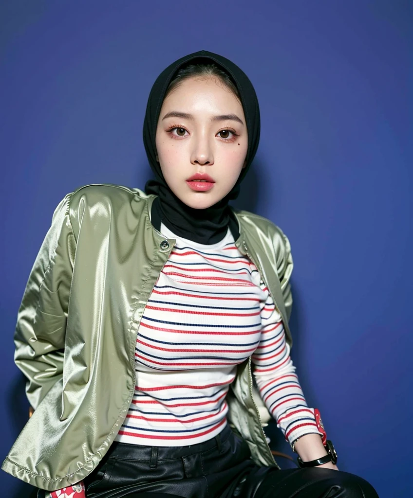 (Best quality, 8k, 32k, Masterpiece, UHD:1.2),Photo of Pretty Japanese hijab woman, large breasts, tight shirt, clean background, photo studios, fetish hijab, woman hijab sitting in a chair, digital art, gucci style, gucci clothes, album, official artwork, streetwear graphic design ,photo in studio, clean background, The Queen. 