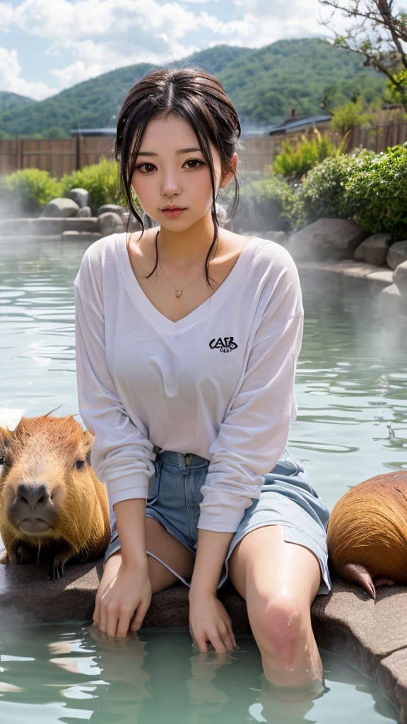 (((Aビキニ girl in a hot spring with a capybara)))