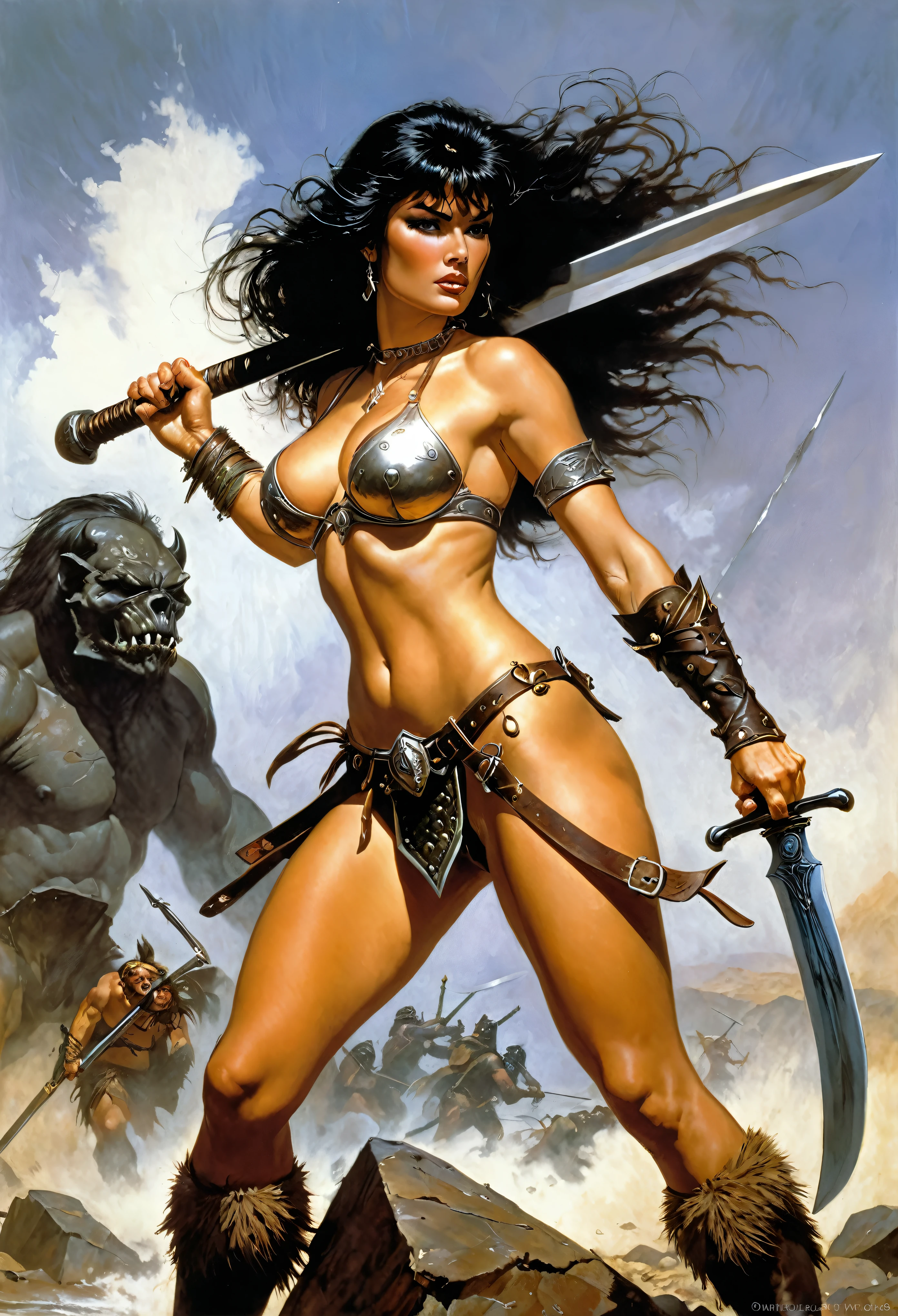 ((realistic:1.5)),((best quality)), ((masterpiece)),((detailed))a heroic sexy warrior, on an epic battlefield, stern, sword and axe, by Frank Frazetta, by Luis Royo, by boris vallejo,