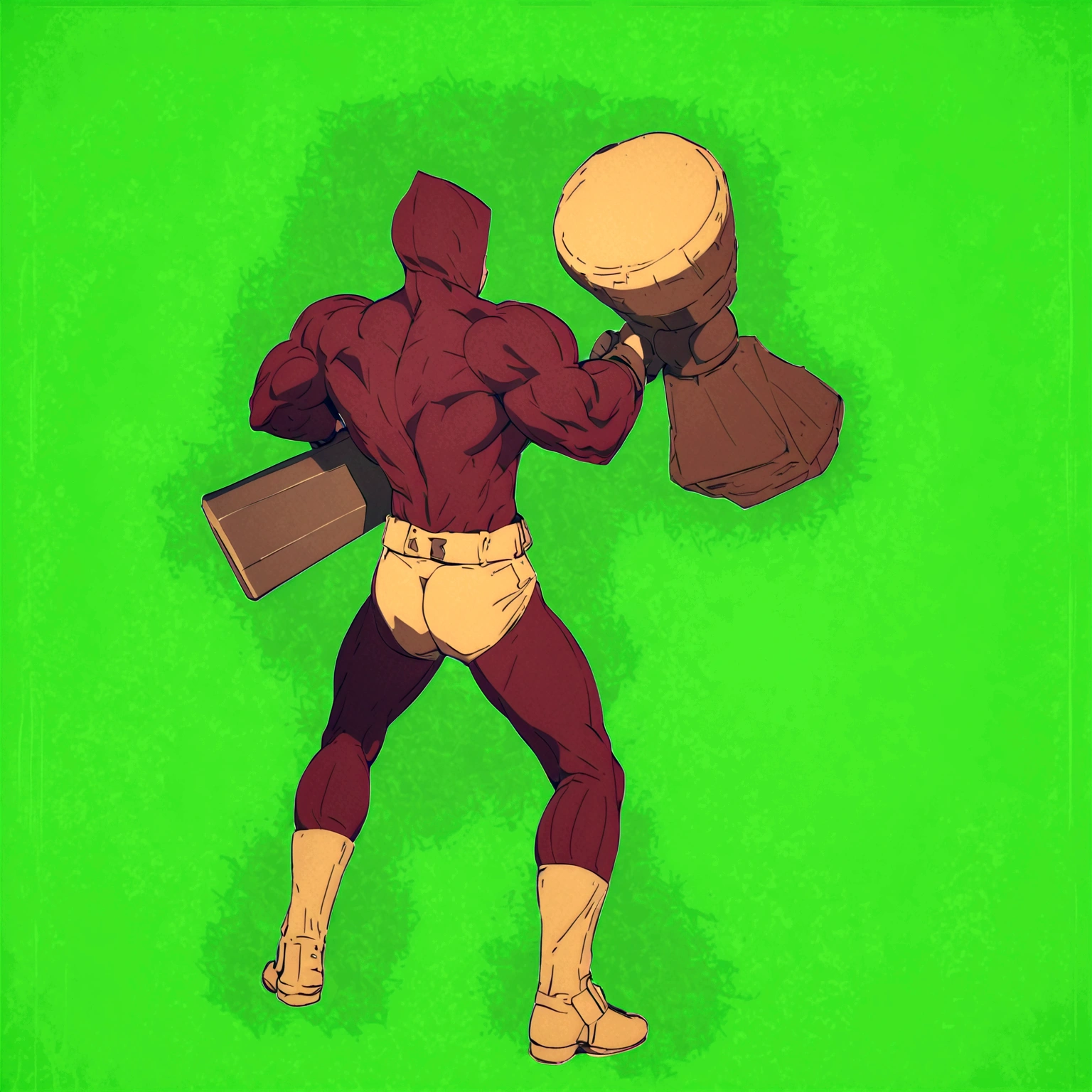 man in a bodysuit with red hood holding a large red hammer, rotoscoped, rotoscoping, fighting game character, muscular!!, back to the camera, heroic masculine pose, animation style render, muscular male hero, strong man, heroic stance pose