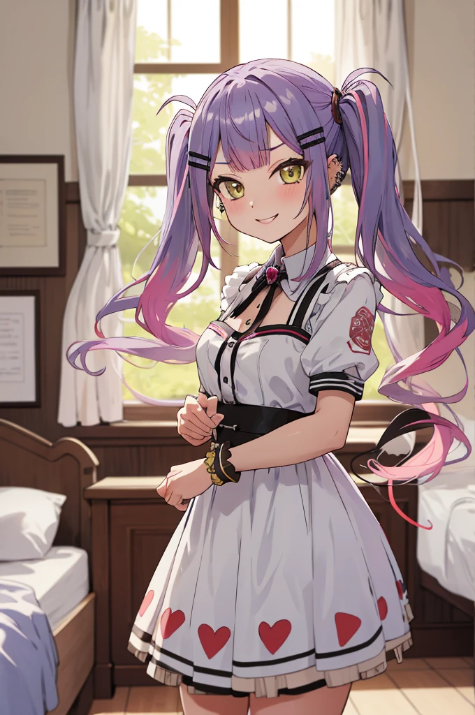 masterpiece, best quality, highres, aatowa, long hair, twintails, hairclip, piercing, demon tail, , cowboy shot, , my room,(((gyaru))),evil smile