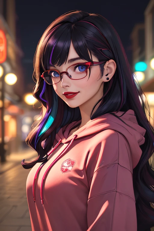 (best quality, masterpiece, perfect face, beautiful and aesthetic:1.2, colorful, dynamic angle, highest detailed face), 20 years old girl, medium, flirting on camera, 35mm, bokeh, 9:16, neon city, colorful lights, (intricate details, hyperdetailed:1.15), (high contrast, official art, extreme detailed, highest detailed), perfect face, female, gamer girl, aqua eyes, wearing red lipstick, light smile, medium black wavy hair, wavy hair with purple highlights, wearing headphones, nerdy glasses, with black frames, bangs, she is wearing an over sized hoodie, the hoodie is wine-red colored, nighttime, alley way, 3/4 body view