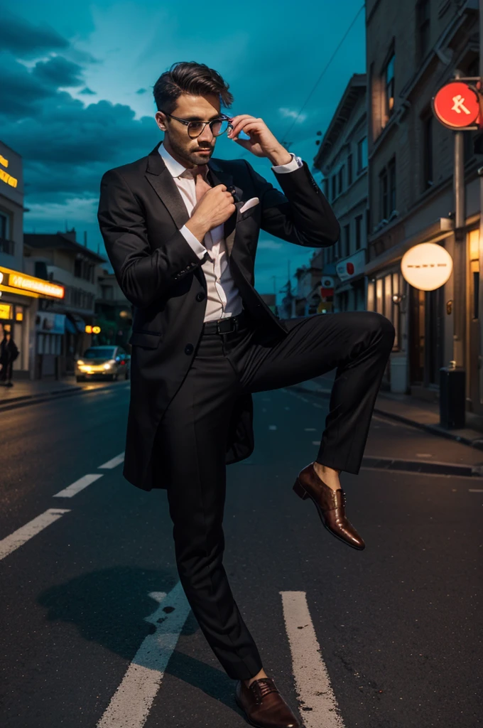 a stock foto image of a elegant man in a street. the street is very luxury, the sky is dramatic and of neon colors. full body shot