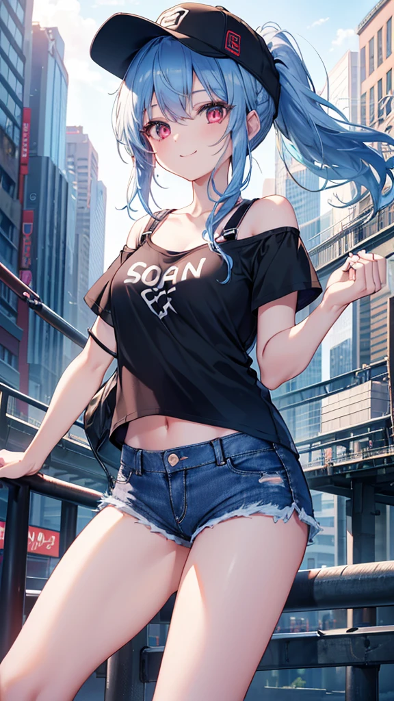 (8k、Best image quality、highest quality、masterpiece)、Detailed face、 One girl、Blue Hair、Long Hair、ponytail、Black Baseball Cap、Red eyes、smile、Moderate breasts、((White T-shirt))、Off the shoulder、Black shoulder straps、((denim short shorts))、Cowboy Shot、Shoot from below、City Background