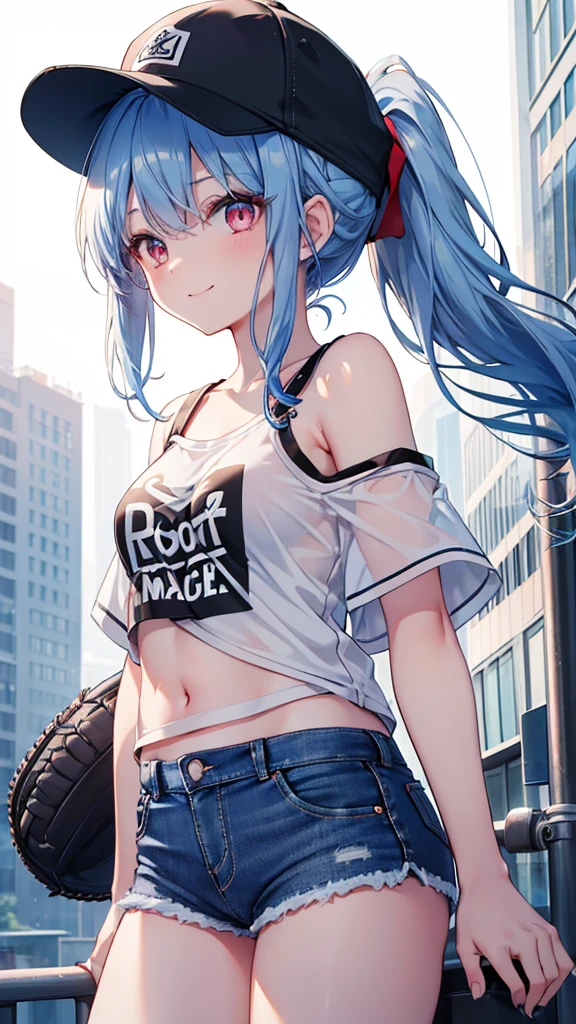 (8k、Best image quality、highest quality、masterpiece)、Detailed face、 One girl、Blue Hair、Long Hair、ponytail、Black Baseball Cap、Red eyes、smile、Moderate breasts、((White T-shirt))、Off the shoulder、Black shoulder straps、((denim short shorts))、Cowboy Shot、Shoot from below、City Background