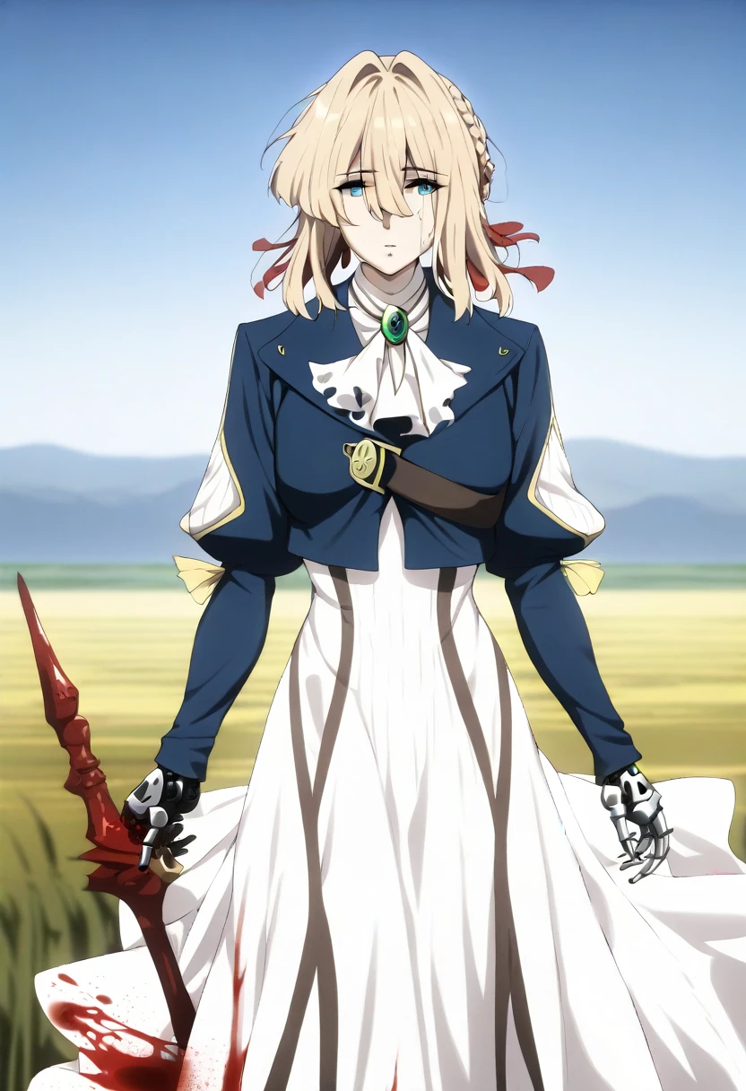 masterpiece, best quality, very aesthetic, absurdres, aave, braid, hair ribbon, red ribbon, jewelry, white ascot, brooch, blue jacket, long sleeves, mechanical hands, white dress, long dress, holding weapon, polearm, field, (blood:1.3), cowboy shot, looking at viewer,
