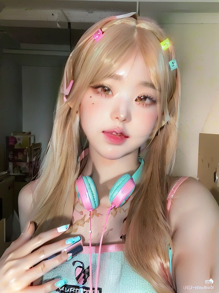 blond girl with headphones and a pink dress holding a cell phone, lalisa manobal, belle delphine, ulzzang, lalisa manoban of blackpink, anime girl in real life, pink twintail hair and cyan eyes, roseanne park of blackpink, wan adorable korean face, cute kawaii girl, kawaii hairstyle, ruan cute vtuber