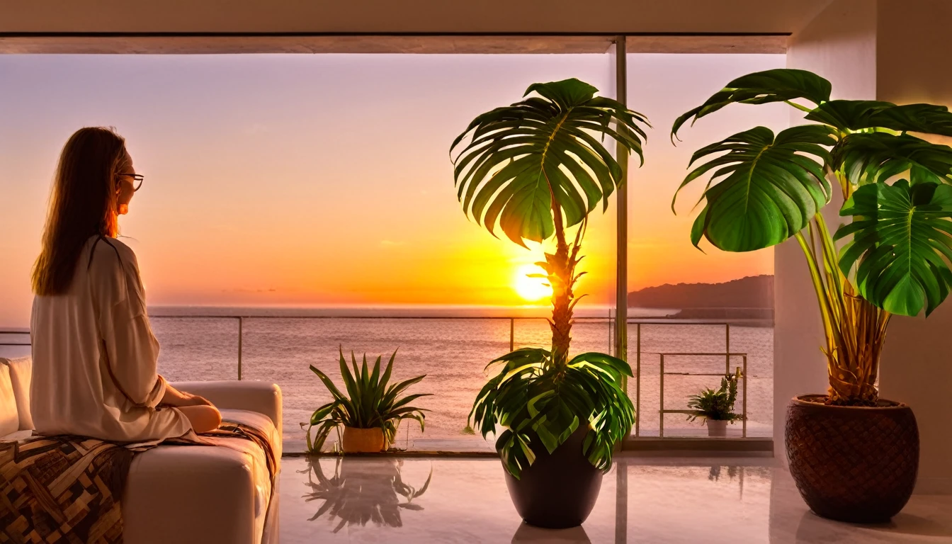((Beautiful clouds over the hill overlooking the Parthenon in Greece))、Designer lighting in front、There is a sofa and a coffee cup on the table、There is a waterfall nearby、Sunset and sea in the distance,(High-quality poolside flooring),There is a wall-mounted TV、Screen 70%The sea,4K,Ultra HD,Extravagant space,Ambient indirect lighting,Palm tree,rich,rich,VIP,VIP、There is a Monstera potted plant in the foreground.、((Woman watching the sunset))