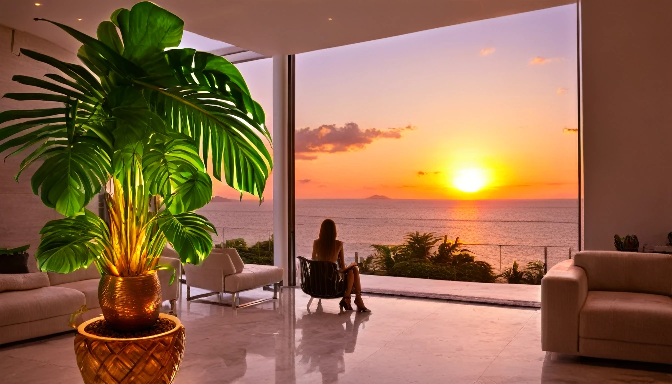 ((Beautiful clouds over the hill overlooking the Parthenon in Greece))、Designer lighting in front、There is a sofa and a coffee cup on the table、There is a waterfall nearby、Sunset and sea in the distance,(High-quality poolside flooring),There is a wall-mounted TV、Screen 70%The sea,4K,Ultra HD,Extravagant space,Ambient indirect lighting,Palm tree,rich,rich,VIP,VIP、There is a Monstera potted plant in the foreground.、((Woman watching the sunset))