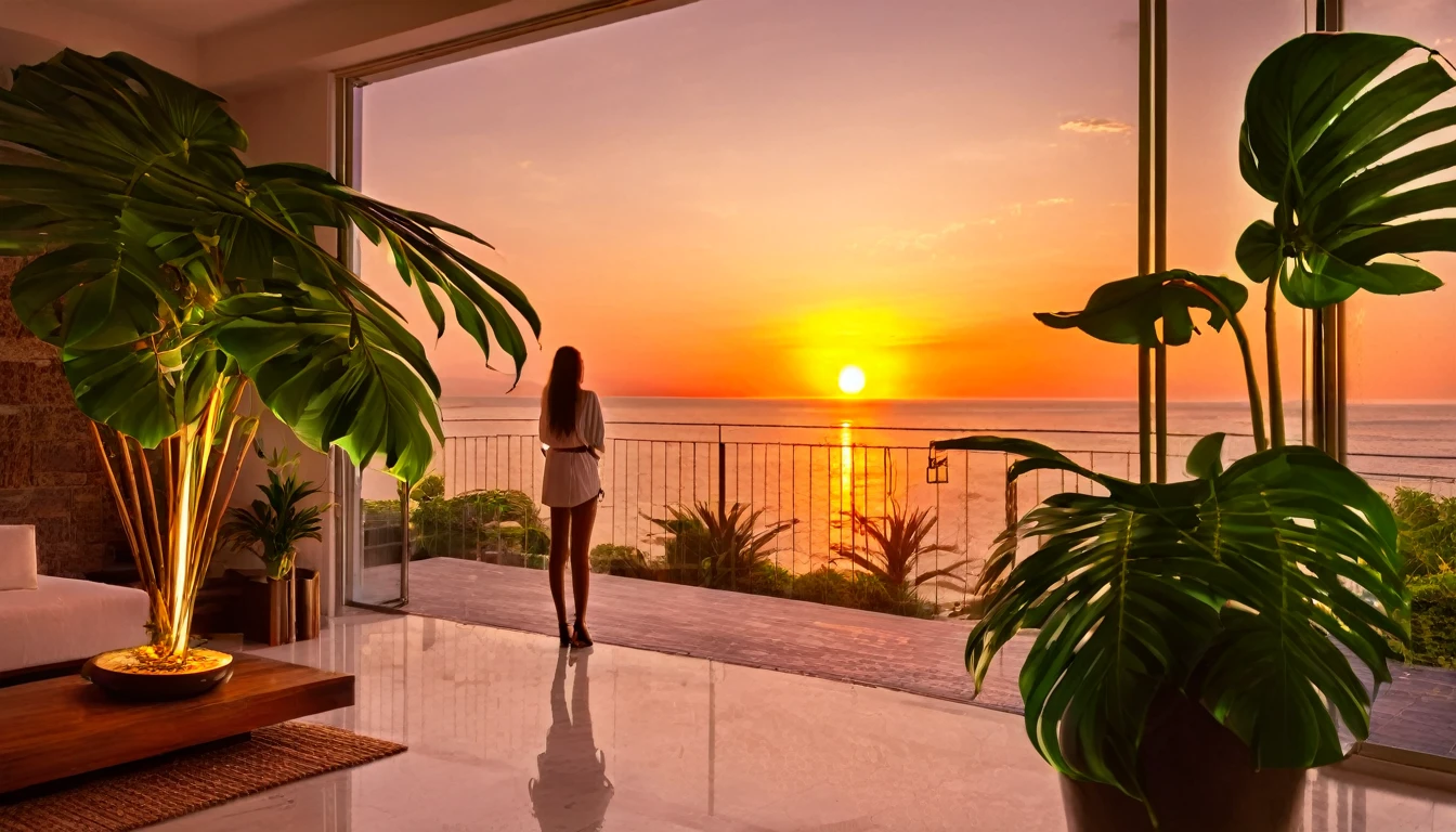 ((Beautiful clouds over the hill overlooking the Parthenon in Greece))、Designer lighting in front、There is a sofa and a coffee cup on the table、There is a waterfall nearby、Sunset and sea in the distance,(High-quality poolside flooring),There is a wall-mounted TV、Screen 70%The sea,4K,Ultra HD,Extravagant space,Ambient indirect lighting,Palm tree,rich,rich,VIP,VIP、There is a Monstera potted plant in the foreground.、((Woman watching the sunset))