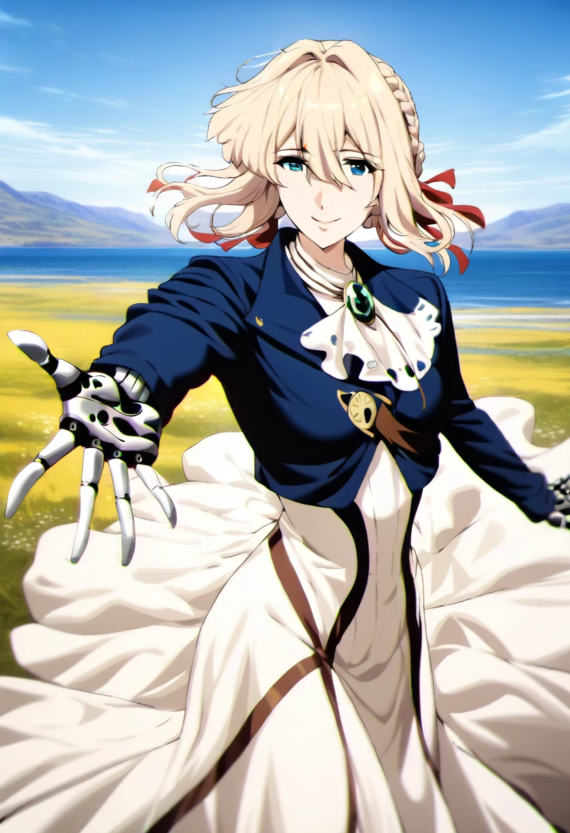 masterpiece, best quality, very aesthetic, absurdres, aave, braid, hair ribbon, red ribbon, jewelry, white ascot, brooch, blue jacket, long sleeves, mechanical hands, white dress, long dress, reaching out, outstretched arm, wind, smile, standing, cowboy shot, outdoors, looking at viewer,