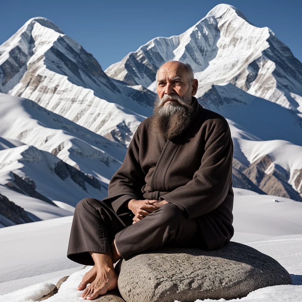 Old wise man guru sitting on a rock in the himalayan mountains. photograph, realistic, peaceful, meditating, elderly, beard, rocky mountains, rocks, snow, robe, toga, bare feet