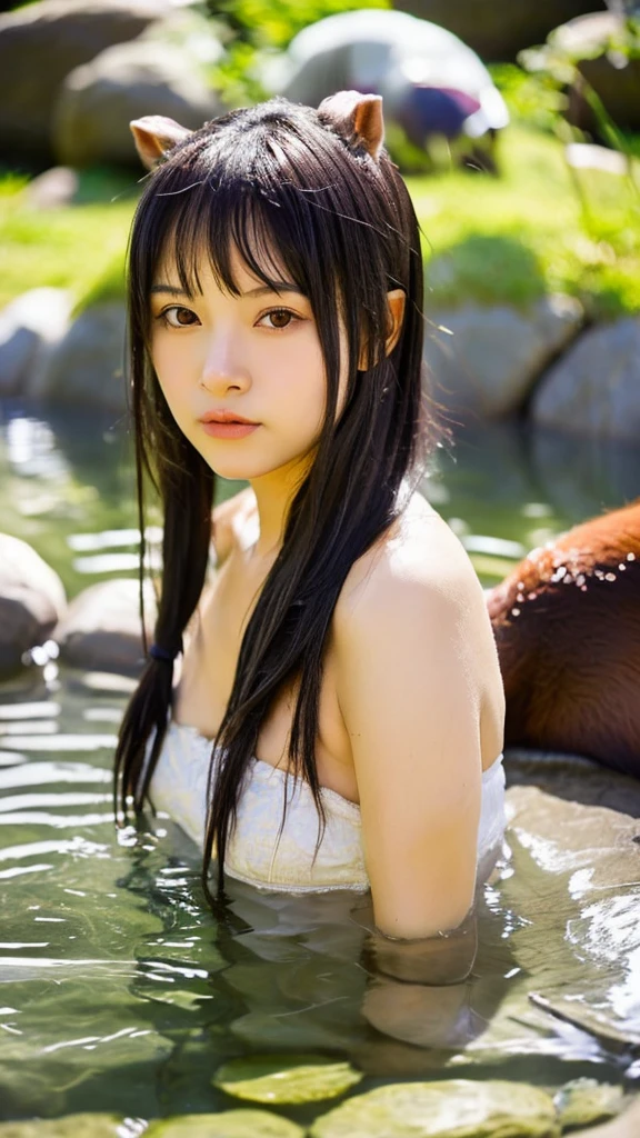 (((Aビキニ girl in a hot spring with a capybara)))