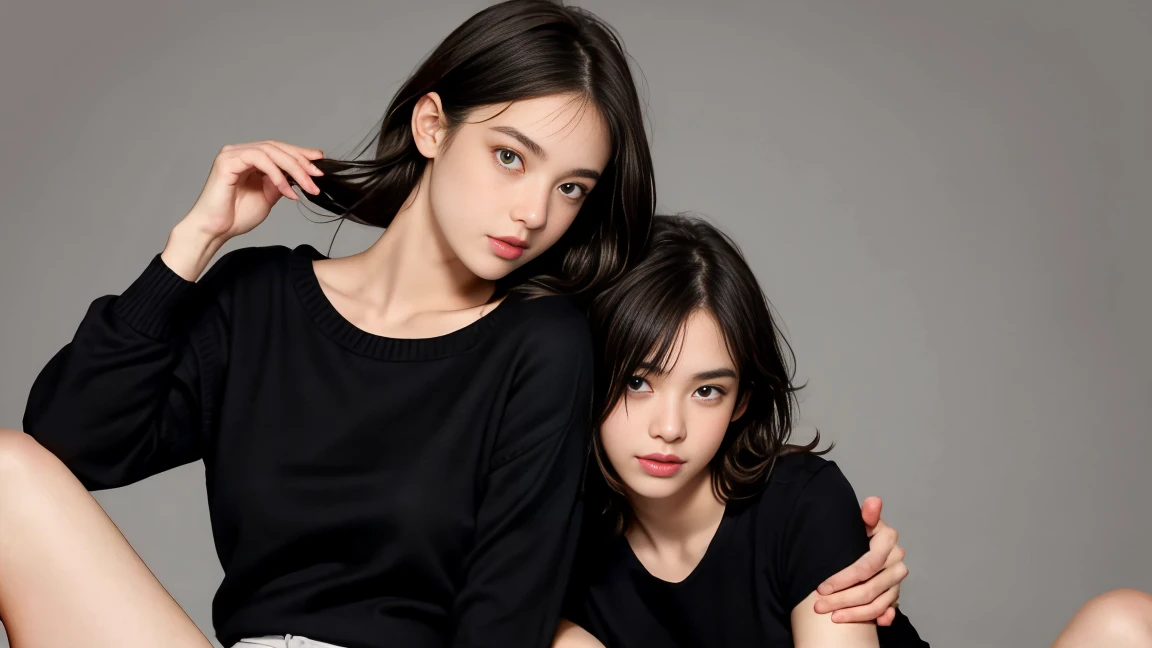deux femmes ensemble de 18 ans sexy et mince qui se touche , black short sleeve sweater, lit ,jambe visible