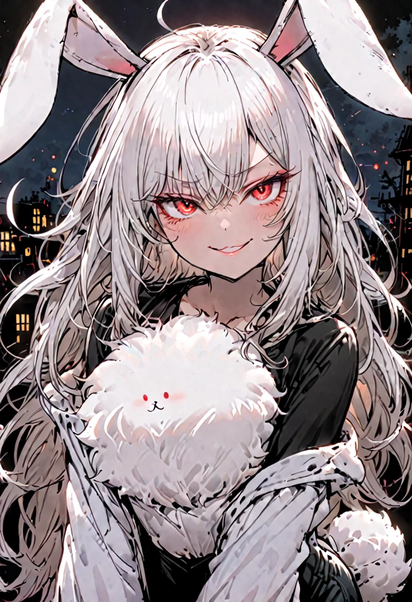solo, female, white rabbit ears, huge floppy rabbit ears, messy white hair, red eyes, small breasts, night, huge fluffy rabbit tail, black jeans, smug smirk, half-lidded eyes, teasing smile, teasing,