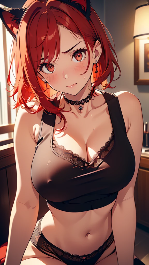 (8k:1.2)(ultra-detailed:1.4),(High quality:1.4),(best quality:1.4),(masterpiece:1.6),(beautiful busty breasts:1.3),(beautiful face:1.3),(beautiful woman:1.3),(bright red hair:1.4),medium hair,a mole around the mouth, (sweat:1.1),(aroused:1.2),(embarrassed:1.2),(blush:1)(black tank top:1.3),(close-up:1.2),(lace choker:1.1),(cat ear bandage:1.2),on bed