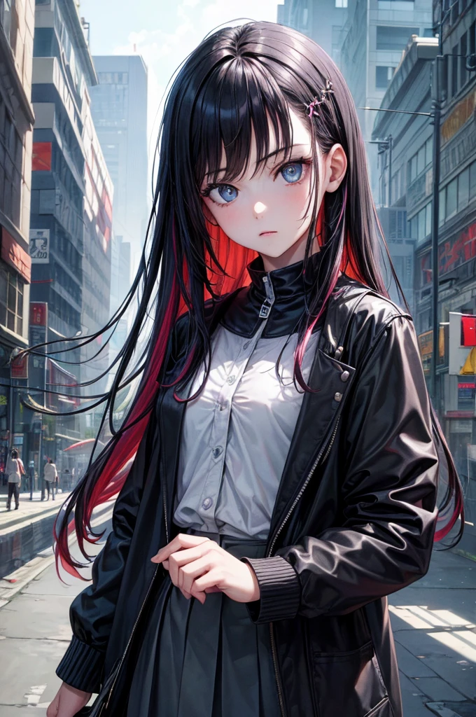 masterpiece,((ligne claire)), limited palette,best quality, flat color, low contrast, ((1girl)),(((an extremelydelicateandbeautifulgirl))),(beautiful detailed face),(beautiful detailed eyes),{long hair},, , standing,((looking at viewer:1.6)), view from below,beautiful detailed sky,bright sky,cloudy sky,sunlight, (detailedlight),lighting,colorful,bridge,way to school,sky scraper, autumn, hazeas reading book , cyberpunk,