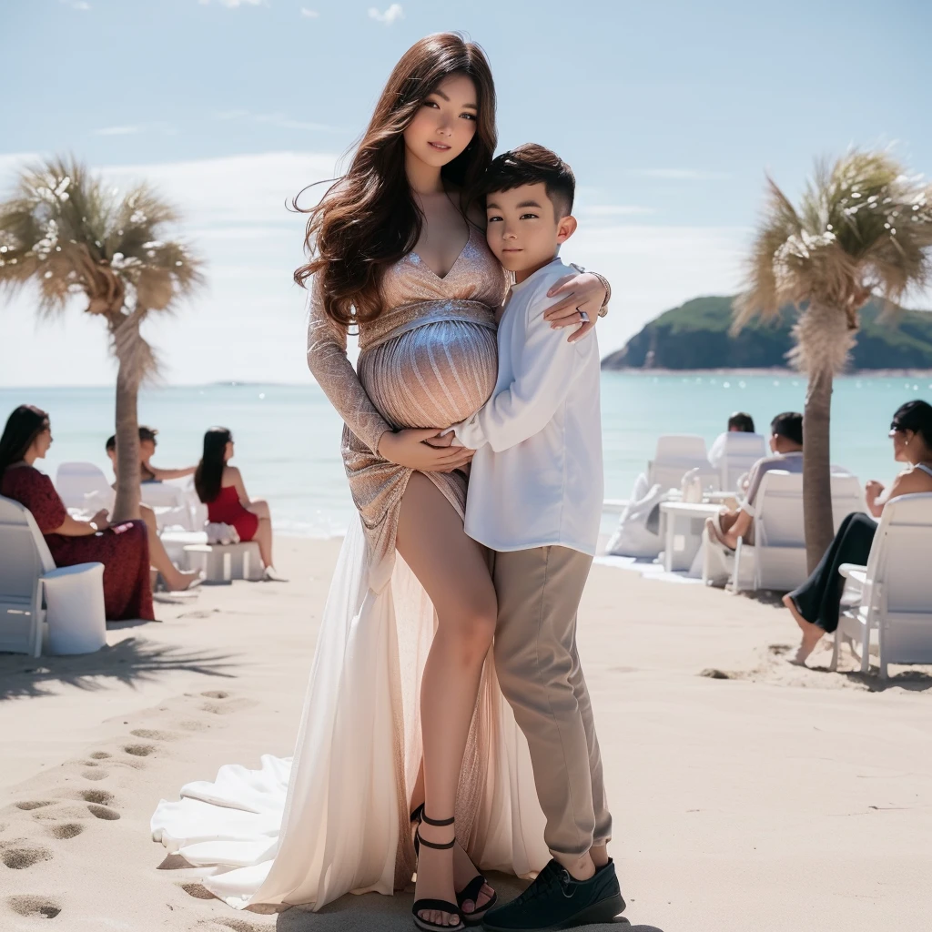 a pregnant woman hugging a young boy on the beach, husband wife and son, wearing mini red dress, lovely couple, pregnancy, stunning photoshot, natasha tan maciej kuciara, pregnant, full body length, with a kid, full body photogenic shot, long full body shot, beautiful full body shot, tumblr, full body full height, posing on a beach with the ocean