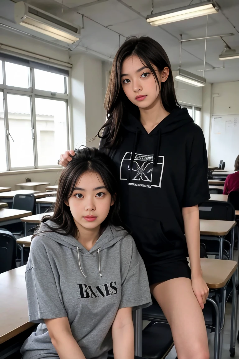 deux femmes ensemble de 18 ans sexy et mince qui se touche , black short sleeve hoodie , dans une salle de classe 