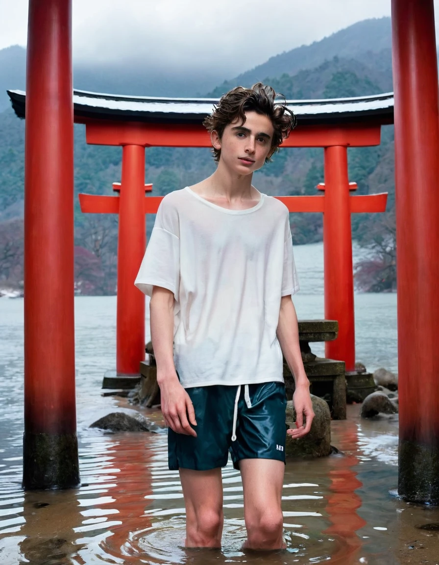 Timothée Chalamet, sweaty teen boy, in water, in red Torii door japanese temple winter onsen, in japanese temple mountains, no clothing, far from camera, braces, age 19, wavy tiktok hair, boxer, bare feet, japanese onsen temple, short fine armpit hair, flexing, veiny arms, cute, tall, lean, not muscular, wispy pubes, muscular teen boy masterpiece, high resolution, feet visible, no shoes, very dirty feet, tall, foot fetish, tall boy, teen boy, braces, best quality, sticky armpit hair, sticky, glue on floor, wet floor, sticky clothes, drops on underwear, drops on shorts, sticky on shorts, drops on floor, sweaty face, sweaty hair, Dune by Herbert, Science fiction