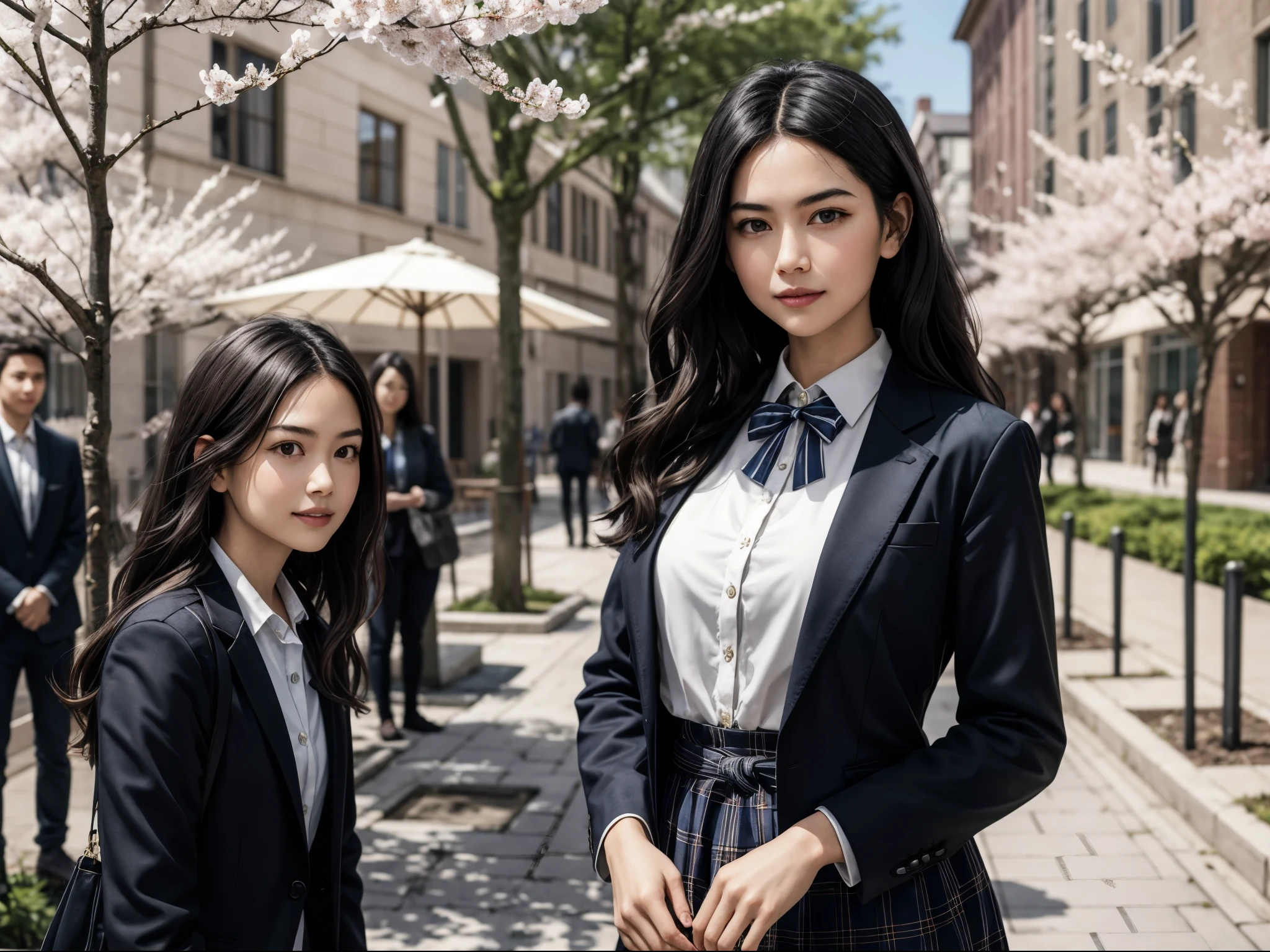 The photograph of girl standing confidently in the school courtyard, surrounded by blooming cherry blossom trees. She is wearing her  with a hint of elegance—a neatly pressed blazer over a crisp white shirt. Her long, flowing hair catches the sunlight, framing her face with soft curls. girl's expression is thoughtful yet approachable, embodying her poised demeanor and natural charisma. In the background, classmates can be seen chatting and laughing, reflecting girl's popularity and respected presence among her peers. girl is arabs, very long straight black hair, (thick eyebrows:0.8), huge breasts, (warm skin undertone), black eyes, wide eyes, middle parted hair, v-shaped eyebrows, (v-shaped eyes, tsurime),