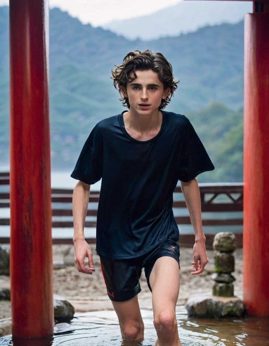 Timothée Chalamet, sweaty teen boy, in water, in red Torii door japanese temple winter onsen, in japanese temple mountains, no clothing, far from camera, braces, age 19, wavy tiktok hair, boxer, bare feet, japanese onsen temple, short fine armpit hair, flexing, veiny arms, cute, tall, lean, not muscular, wispy pubes, muscular teen boy masterpiece, high resolution, feet visible, no shoes, very dirty feet, tall, foot fetish, tall boy, teen boy, braces, best quality, sticky armpit hair, sticky, glue on floor, wet floor, sticky clothes, drops on underwear, drops on shorts, sticky on shorts, drops on floor, sweaty face, sweaty hair, Dune by Herbert, Science fiction