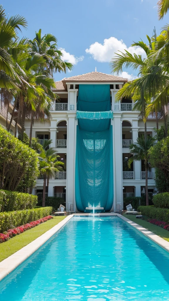 there is a water slide in the middle of a pool, splash house, dreampool rooms, dream pool, in a luxurious pool, swim suite, great masterpiece, tropical pool, pool tubes, indoor pool, pools and streams, wonderful masterpiece, majestic masterpiece, beautiful masterpiece, swimming pool, a pool inside the giant palace, paradise in the background, art masterpiece