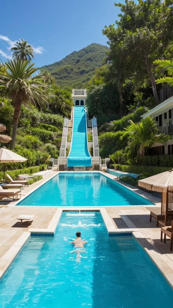 there is a water slide in the middle of a pool, splash house, dreampool rooms, dream pool, in a luxurious pool, swim suite, great masterpiece, tropical pool, pool tubes, indoor pool, pools and streams, wonderful masterpiece, majestic masterpiece, beautiful masterpiece, swimming pool, a pool inside the giant palace, paradise in the background, art masterpiece