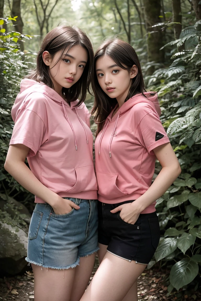 deux femmes ensemble de 18 ans sexy et mince qui se touche , pink short sleeve hoodie , dans une forêt