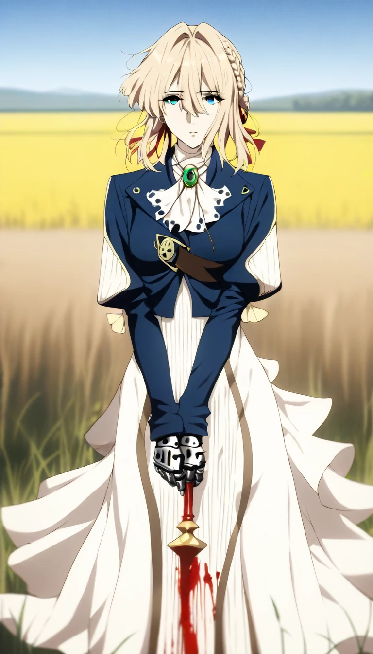 masterpiece, best quality, very aesthetic, absurdres, aave, braid, hair ribbon, red ribbon, jewelry, white ascot, brooch, blue jacket, long sleeves, mechanical hands, white dress, long dress, holding weapon, polearm, field, (blood:1.3), cowboy shot, looking at viewer,