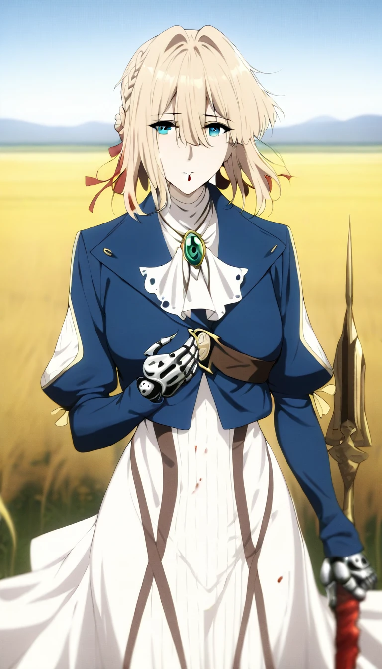 masterpiece, best quality, very aesthetic, absurdres, aave, braid, hair ribbon, red ribbon, jewelry, white ascot, brooch, blue jacket, long sleeves, mechanical hands, white dress, long dress, holding weapon, polearm, field, (blood:1.3), cowboy shot, looking at viewer,