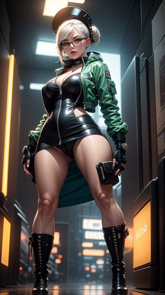 A woman, battle suit, with neon lights, closed helmet on her head, cyberpunk, sexy pose, extreme lights, extreme sharpness, (62k ultra definition), (((masterpiece))), (intricate details), beautiful original design, (Solo), 1girl, hair bun, glasses, , brown jacket, ribbon choker, white shirt, mini skirt, (over the knee socks), (long lace up boots), gigantic breasts, big ass, wide hips, milf body, beautiful eyes, perfect face, better eyes, better hands, better fingers, ,shiraki meiko, ((((best masterpiece)))), ((((ultra detailed)))), high quality, best quality, ((((32K)))), sharp focus, (high-resolution picture), Hand perfect, ,more_details:-1, more_details:0, more_details:0.5, more_details:1, more_details:1.5,meikodef/meikornd