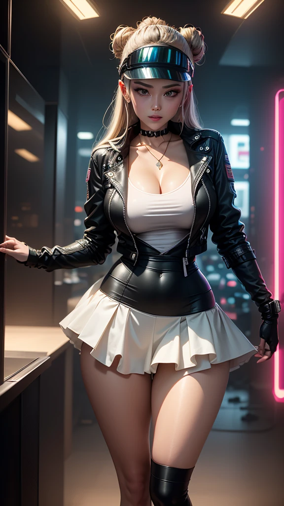 A woman, battle suit, with neon lights, closed helmet on her head, cyberpunk, sexy pose, extreme lights, extreme sharpness, (62k ultra definition), (((masterpiece))), (intricate details), beautiful original design, (Solo), 1girl, hair bun, glasses, , brown jacket, ribbon choker, white shirt, mini skirt, (over the knee socks), (long lace up boots), gigantic breasts, big ass, wide hips, milf body, beautiful eyes, perfect face, better eyes, better hands, better fingers, ,shiraki meiko, ((((best masterpiece)))), ((((ultra detailed)))), high quality, best quality, ((((32K)))), sharp focus, (high-resolution picture), Hand perfect, ,more_details:-1, more_details:0, more_details:0.5, more_details:1, more_details:1.5,meikodef/meikornd