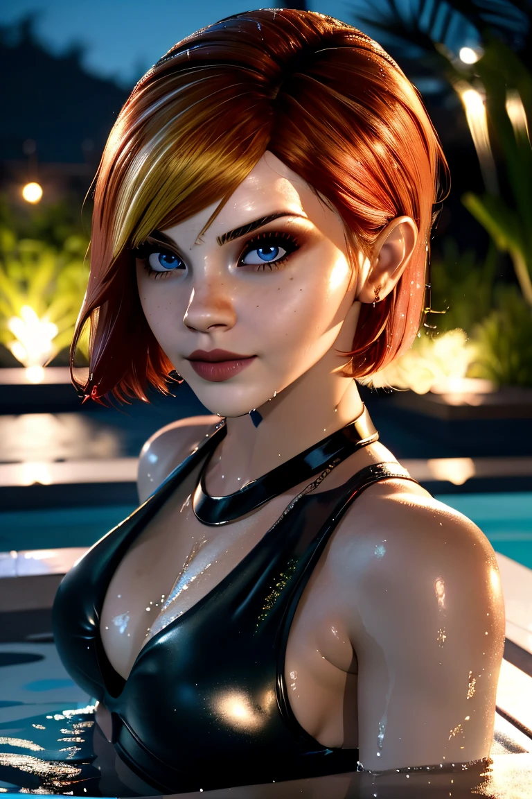 Emma Watson, cinematic photo, short hair, red hair, blonde hair, blue eyes, false lashes, cat eye liner, mujer, realista, a woman Shot putwearing a sexy swimsuit taking a bath inside an outdoor jacuzzi, de buen tono, 35mm photography, movie, bokeh, profesional, 4k, muy detallado, chilling, inside a black luxury jacuzzi, bathing, wet, wet body, outdoor jacuzzi, luxury mansion in Los Angeles, modern mansion porch, at night, closeup, close up, de cerca, bokeh