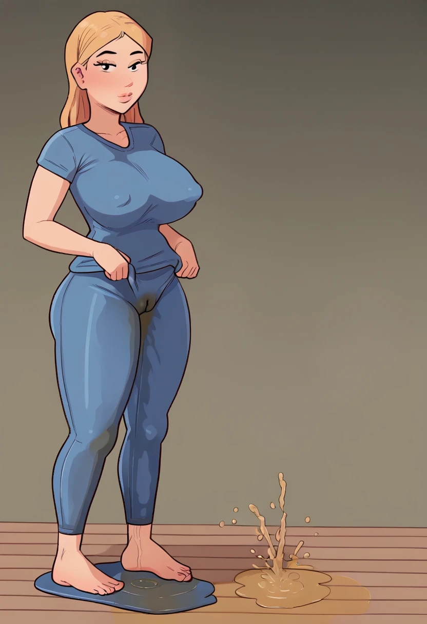 , young woman standing looking at viewer, blonde hair, blue tshirt, blue yoga pants, cameltoe, large breasts, solo , full body,((pee stains, wetting self, puddle))